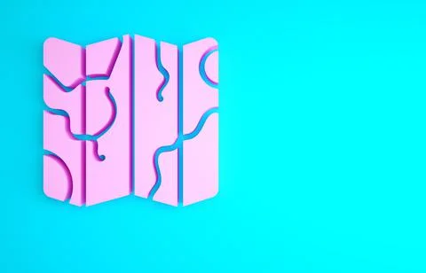 Pink Folded map icon isolated on blue background. Minimalism concept. 3d illu Stockillustratie