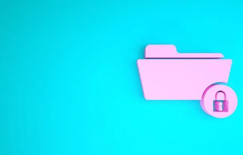 Pink Folder and lock icon isolated on blue background. Closed folder and padl Illustrazione stock