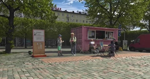 Pink food kiosk. Stock Footage 340090848