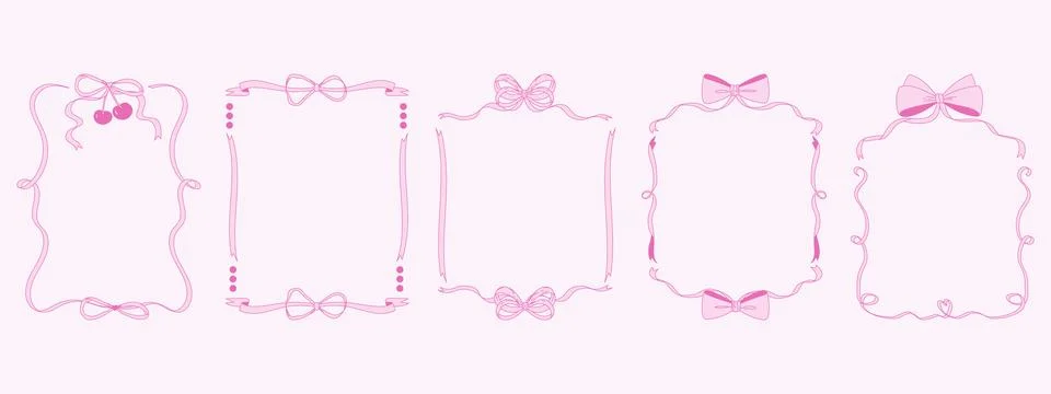 Pink frames with bows. Hand drawn trendy ribbons borders. Coquette style. V.. Illustrazione stock