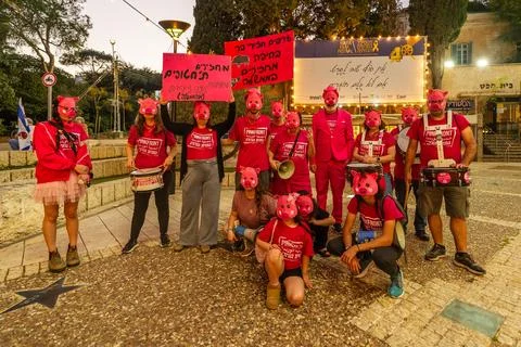Pink Front pig display, protest rally in Haifa Stock Photos