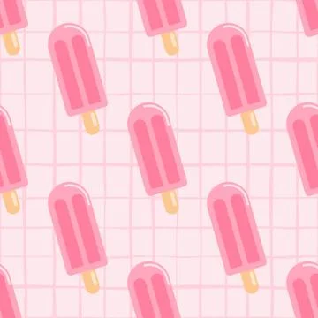 Pink fruit ice seamless pattern. Light pastel pink background with check. Stock Illustration