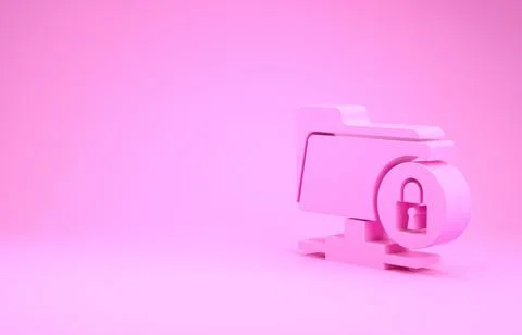 Pink FTP folder and lock icon isolated on pink background. Concept of softwar Illustrazione stock