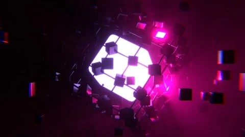 Pink Futuristic Spinning Cube in Digital Space Background VJ Loop in 4K Stock Footage 344100902