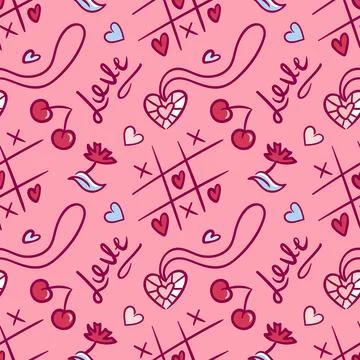 Pink game pattern with hearts and kisses, candy motifs, handwritten love scripts Stock Illustration