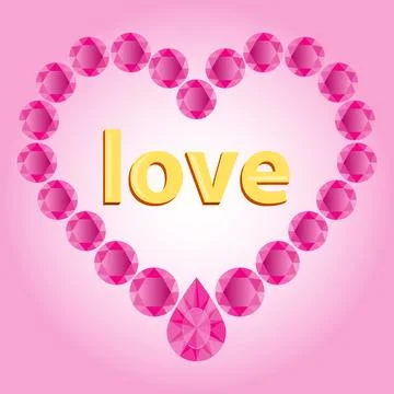 Pink gemstone diamond heart frame with golden love text vector illustration. Stock Illustration