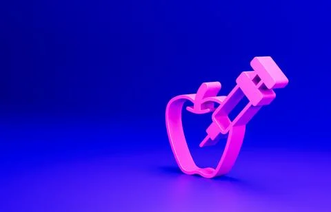 Pink Genetically modified apple icon isolated on blue background. GMO fruit Stock Illustration