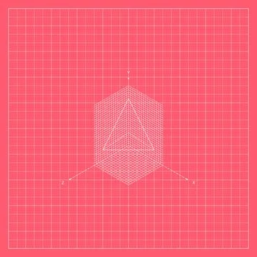 Pink geometric background featuring a white wireframe pyramid-like 库存插图