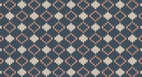 Pink geometric on blue knitted pattern, Festive Sweater Design. Seamless Kn.. Illustrazione stock