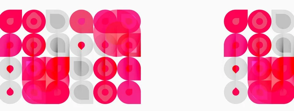Pink geometric pattern repeats. Circles, squares overlap creating vibrant v.. Illustrazione stock