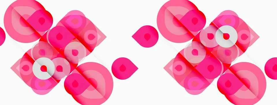 Pink geometric shapes repeat, creating seamless pattern. Circles, squares イラスト素材