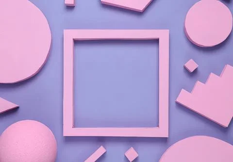 Pink geometric shapes with square frame on purple background Stock Photos