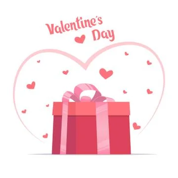 Pink gift box with big bow on it, and hearts around. Valentine s day card tem Stock Illustration