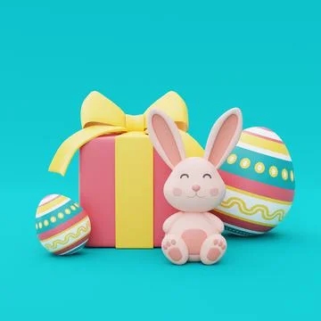 Pink gift box with easter bunny and colorful easter eggs on blue background,h Stock Illustration