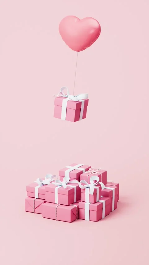 Pink gift box floating with heart balloon landing on pile of presents in sl.. Vídeos de archivo 332317044