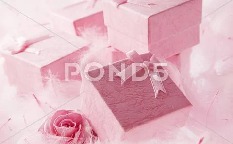 Pink gift box with pink ribbon on pink background Stock Photos