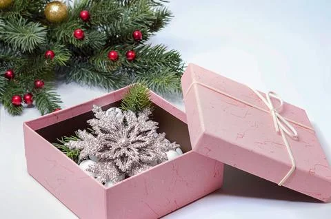 Pink Gift Box with Silver Snowflake and Pine Branches Stock Photos