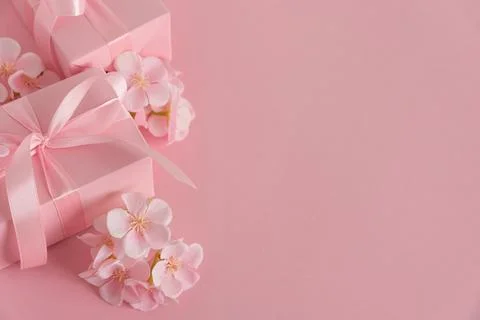 Pink Gift Boxes and Chery Blossom. Romantic Valentines  or Mothers Day Flat.. Stock Photos