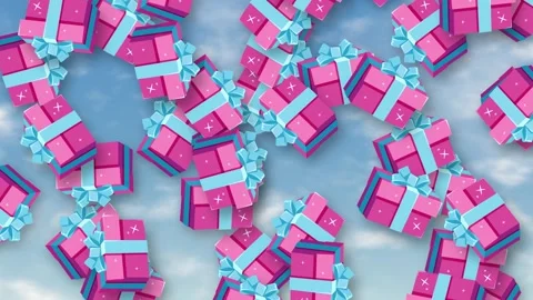 Pink Gift Boxes Falling Against Cloudy Blue Sky Background Animation Stock Footage 345310485