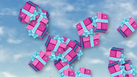 Pink Gift Boxes Falling and Bursting Over a Sunny Blue Sky Stock Footage 345197854