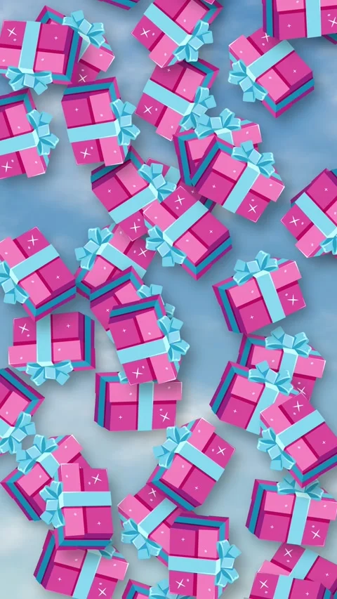 Pink Gift Boxes Falling Over Blue Sky Vertical Animation Stock Footage 345317006