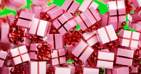 Pink gift boxes with ribbons fall, covering the entire green screen. Transition Stock-Footage 262768725