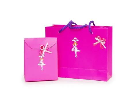 Pink gift boxes on white background. Stock Photos