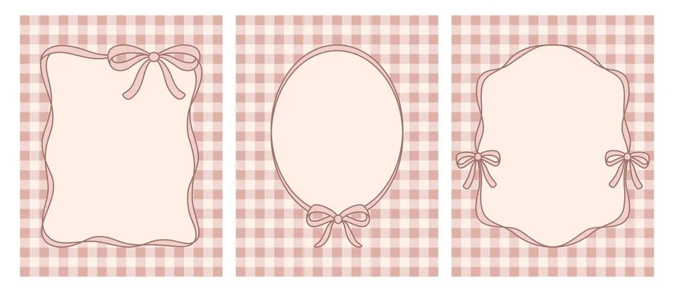 Pink Gingham Frame Templates Set with Bows. Cute Blank Label Cards for Wedding Stock Illustration