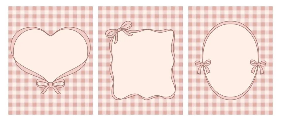 Pink Gingham Frame Templates Set with Bows. Cute Blank Label Cards for Wedding Stock Illustration