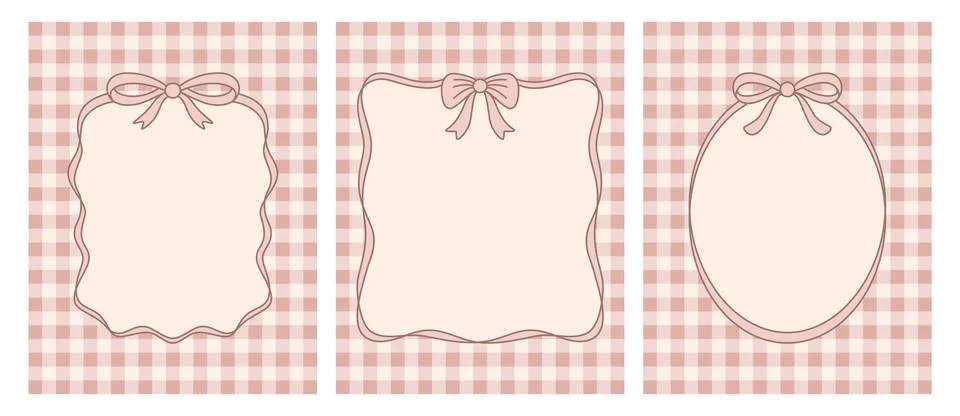 Pink Gingham Frame Templates Set with Bows. Cute Blank Label Cards for Wedding Stock Illustration