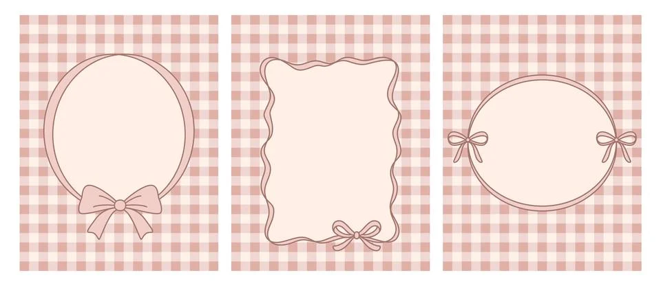 Pink Gingham Frame Templates Set with Bows. Cute Blank Label Cards for Wedding Stockillustratie