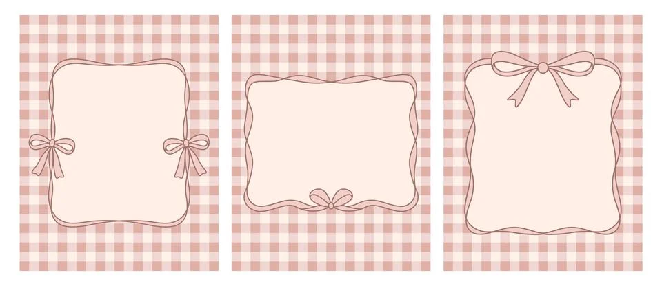 Pink Gingham Frame Templates Set with Bows. Cute Blank Label Cards for Wedding Stockillustratie