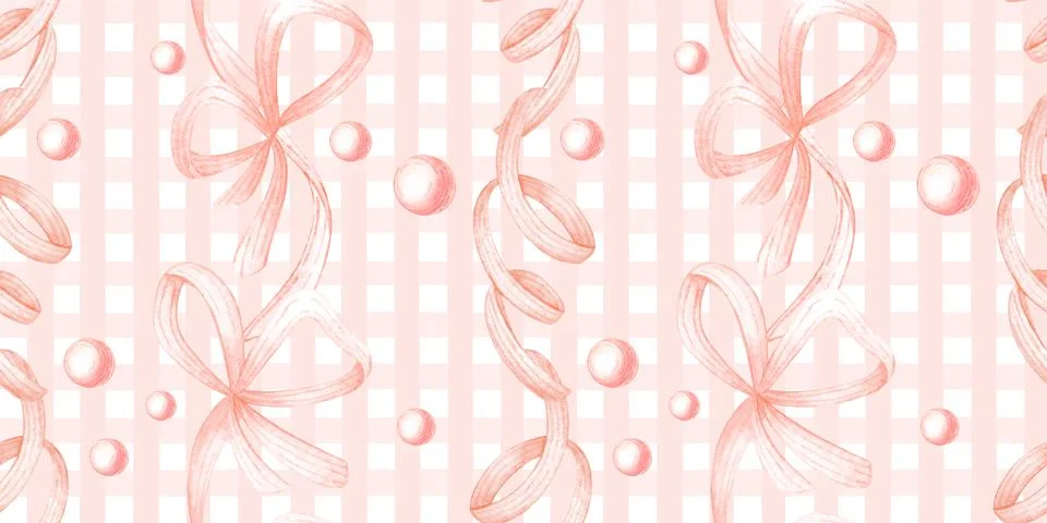 Pink gingham ribbon pearl pattern Stock Illustration