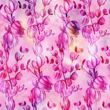 Pink girly pattern with bell flowers drawn in pencil on a watercolor background Illustrazione stock