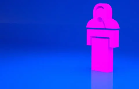 Pink Gives lecture icon isolated on blue background. Stand near podium. Speak Stock Illustration