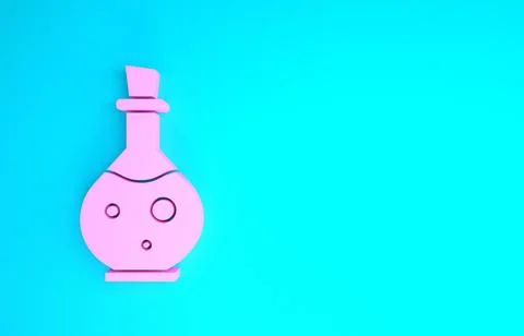Pink Glass bottle with magic elixir icon isolated on blue background. Compute Illustrazione stock