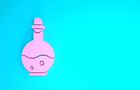 Pink Glass bottle with magic elixir icon isolated on blue background. Compute Illustrazione stock