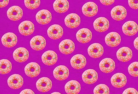Pink glazed donut pattern on pink pastel background. Creative concept. Stock Photos