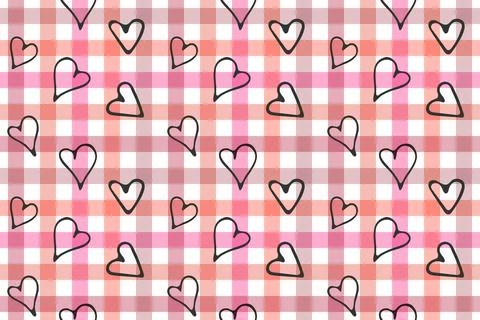 Pink glen check seamless pattern. Hand drawn black ink brush stroke heart shapes Stock Illustration