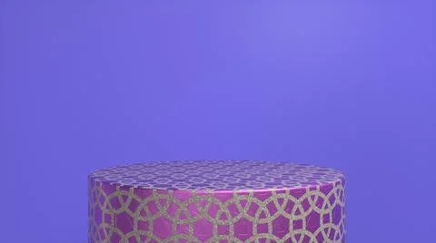 Pink glossy pattern podium, pedestal on purple background. Blank showcase moc Stock Illustration