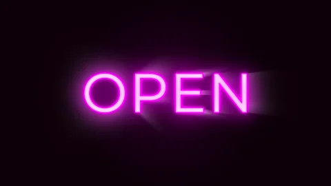 Pink glow "Open" sign with flicker on black background 4k video Stock Footage 264752976