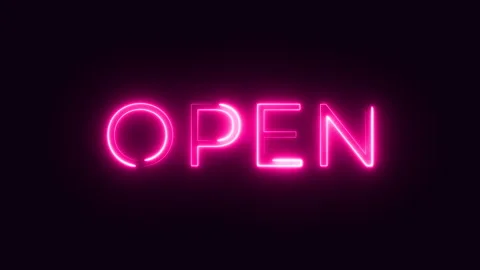 Pink glow "Open" sign with flicker on black background 4k video Stock Footage 264764020