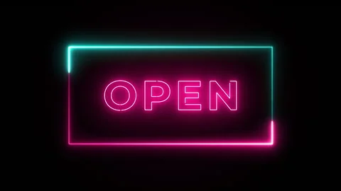 Pink glow Open sign with flicker on black background 4k video Stock Footage 274393388