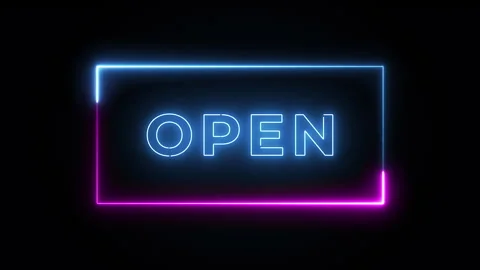 Pink glow Open sign with flicker on black background 4k video Stock Footage 274393417