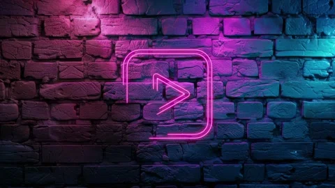 Pink glowing Play button Icon neon icon on brick wall background Stock Footage 276157561