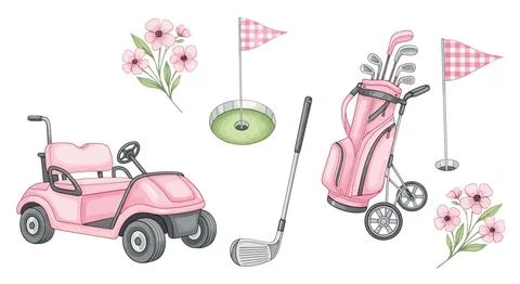Pink Golfing Elements: Cart, Bag, Clubs, Flags, and Flowers - Watercolor Il.. Stock Illustration
