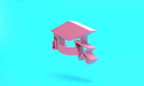 Pink Graduation cap with cursor icon isolated on turquoise blue background. W 스톡 일러스트
