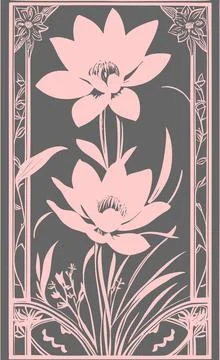 Pink graphic linear drawing of a branch of flowers on a gray background, desi Stock Illustration