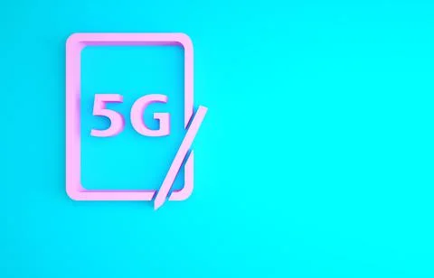 Pink Graphic tablet with 5G wireless internet wifi icon isolated on blue back Stock Illustration