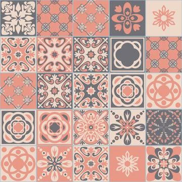 Pink gray pastel seamless pattern, portuguese talavera ornate decoration, vec Stock Illustration